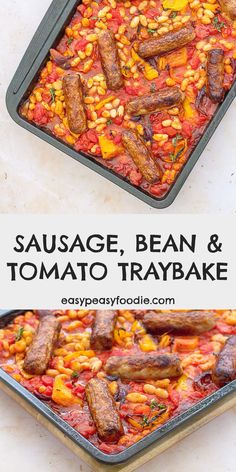 sausage, bean and tomato tray bake with text overlay that reads sausage, bean and tomato tray bake