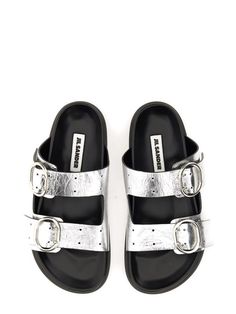 Leather Sandal With Buckle Modern Silver Sandals With Buckle Closure, Silver Flat Heel Sandals With Buckle Closure, Silver Leather Footbed Sandals For Summer, Silver Slip-on Sandals With Leather Footbed, Summer Silver Sandals With Leather Footbed, Modern Silver Slip-on Sandals, Jil Sander Shoes, Leather Sandals Women, Sneaker Wedge