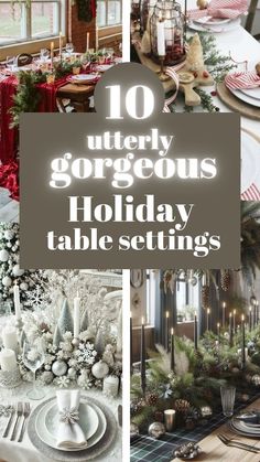 a collage of christmas tables with candles, plates and napkins on top of them