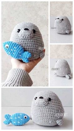 crocheted stuffed animal made to look like a fish is shown in different ways