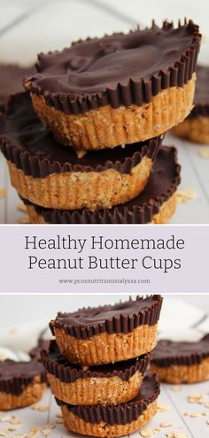 healthy homemade peanut butter cups are stacked on top of each other and ready to be eaten