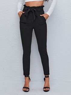 Paperbag Waist Dual Pocket Belted Skinny Pants | EMERY ROSE Paperbag Pants, Basic Leggings, Black Ripped Jeans, Belted Pants, Style Noir, Pocket Belt, Printed Pants, Trendy Fashion Women, Waist Pants