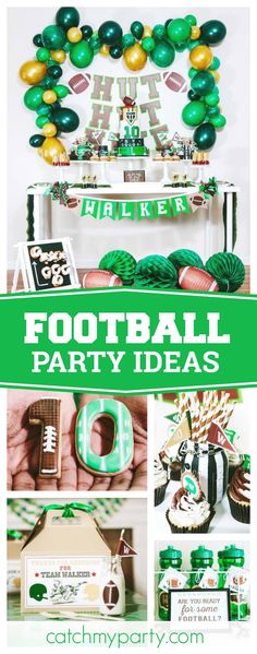 a football party with green and gold decorations