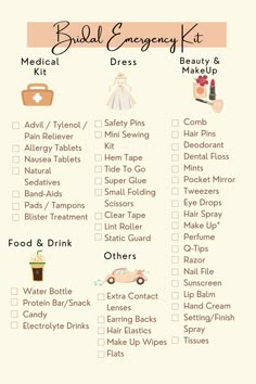 the bridal emergency kit for brides is shown in this printable checklist