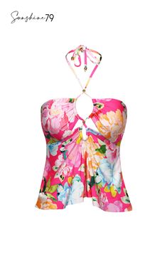 Drenched in vibrant energy, this bandeau tankini top by Sunshine 79 features a bold hot pink floral print that radiates an atmosphere of tropical exuberance. Offering two looks in one glamorous design, this bandeau features an adjustable strap that ties around your neck for another look. Removable cups and a keyhole front ensure a comfortable and confident fit. [split] Details Bandeau tankini top Keyhole front Ties at neck Removable cups Adjustable straps Fabric 83% Nylon, 17% Lycra Elastane Beachy Dresses, Bandeau Tankini Top, Bandeau Tankini, Hot Pink Floral, Swimsuit Material, Halter Tankini, Cruise Outfits, Cute Bathing Suits, Top Halter