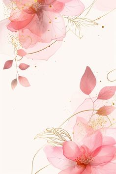 pink flowers and gold leaves on a white background