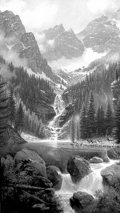 a black and white photo of mountains with water running down them, surrounded by trees