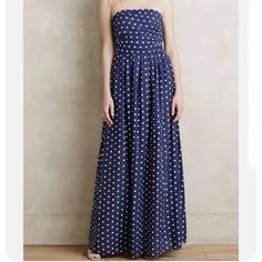 Madame Shoushou Sanibel Polka Dot Maxi Dress Size Ps Petite Small New With Tags ~ Retail $248 Navy Blue & White Polka Dot 100% Cotton Lined Zip Closure, Strapless, Bust & Side Ruching Length 50" Bust 34" Waist 28" Polka Dot Formal Dress, Polka Dot Maxi Dress, Anthropology Dresses, Eyelet Maxi Dress, Polka Dot Maxi Dresses, Maxi Dress Outfit, Embroidered Maxi Dress, Flowy Maxi Dress, Striped Maxi