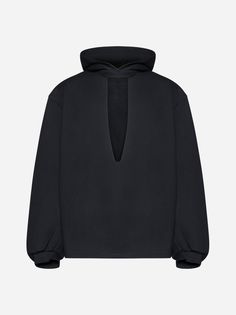 Random Identities' unisex black cotton hoodie featuring a fixed hood, elongated cut-out on front, wide sleeves with puffed cuffs and rounded hem on the back. Composition: 100% cotton Extra Long Sleeves, Blue Sweatshirt, Ermenegildo Zegna, Blue Hoodie, Modern Outfits, Engineered Garments, Cotton Hoodie, Wide Sleeves, Luxury Retail