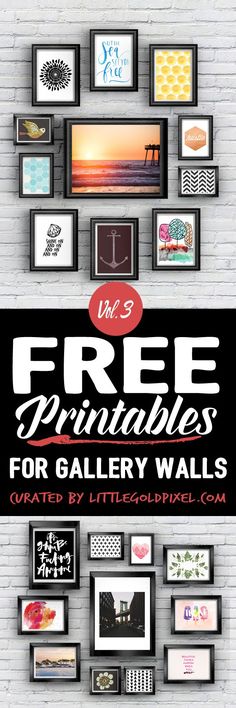 an advertisement for gallery walls with multiple pictures on it and the words, free printables for gallery walls