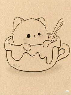 a drawing of a cat sitting in a cup with spoons and sauce on it