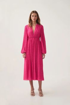 Genevieve Pleated Midi Dress | Azalea Pink | Aje – Aje ROW Little Pink Dress, Voluminous Sleeves, Dress Pleated, Belted Midi Dress, Knit Jumpsuit, Ruched Bodice, Denim Accessories, Pleated Midi Dress, Pink Midi Dress