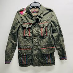 In Perfect Condition Spring Multicolor Outerwear With Patch Pockets, Embroidered Green Outerwear For Fall, Long Sleeve Embroidered Outerwear With Pockets, Spring Embroidered Green Outerwear, Green Cotton Outerwear With Floral Embroidery, Multicolor Embroidery Long Sleeve Outerwear With Pockets, Casual Long Sleeve Outerwear With Multicolor Embroidery, Embroidered Green Cotton Outerwear, Green Embroidered Cotton Outerwear