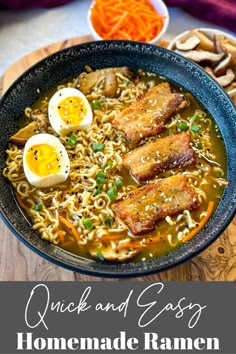 a bowl filled with noodles, meat and eggs