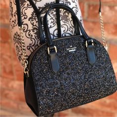 Has Hardly Been Used. In Almost Brand New Condition. No Tags Or Dust Bag. Size 7.4h X 9.5"W X 3.9"D Drop Length: 3" Handheld Total Adjustable Strap Length: 44" Material Made With Rock Glitter With Caviar Pebbled Leather Trim Capital Kate Jacquard Lining Style # Wkru5628 Details Satchel With Zipper Closure Interior Zipper Pocket Removable Shoulder Strap Kate Spade New York Floating Signature Color: Black Luxury Black Sequined Bags, Kate Spade Crossbody Party Bag, Kate Spade Crossbody Bag For Party, Elegant Kate Spade Glitter Bags, Kate Spade Black Party Bag, Luxury Glitter Bags For Everyday Use, Glitter Bag, Leather Trim, Kate Spade New York