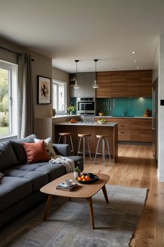 a living room filled with furniture next to a kitchen and dining area in front of a window