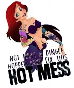 a woman with red hair and tattoos on her chest is holding a hot mess sign