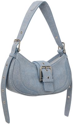 Suede shoulder bag in blue. · Trompe-l'œil graphic throughout · Adjustable and detachable padded shoulder strap · Pin-buckle detailing at magnetic press-stud tab · Zip closure · Patch pocket at interior · Faux-suede lining · Logo-engraved silver-tone hardware · H5.75 x W11 x D3 Supplier color: New denim sky Blue Shoulder Bag With Metal Hardware For Everyday Use, Blue Shoulder Bag With Metal Hardware And Double Handle, Blue Shoulder Bag With Metal Hardware For Travel, Blue Shoulder Bag With Metal Hardware, Everyday Blue Shoulder Bag With Metal Hardware, Evening Shoulder Bag With Double Handle And Snap Closure, Evening Blue Shoulder Bag With Metal Hardware, Blue Evening Shoulder Bag With Metal Hardware, Blue Shoulder Bag With Magnetic Closure