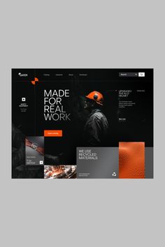 an orange and black website design with the words made for real work