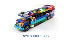 a toy bus made out of legos on a white background with the words nyc school bus