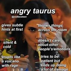 a woman holding a spoon in front of her face with the words angry taurus on it