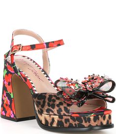 From Betsey Johnson&#x2C; the Lilie Leopard Print Mesh Bow Platform Block Heel Sandals feature:Leopard print synthetic upperFlower embellished mesh bow detailBuckled ankle strap closureSynthetic liningSynthetic outsoleApprox. 4" heel heightApprox. 1" platform heightImported. Mesh Bows, Platform Block Heels, Block Heels Sandal, Betsey Johnson, Leopard Print, Block Heels, Ankle Strap, Sandals Heels, Heel Height