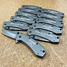 six knives are laid out on the counter top, with labels for different types of knives