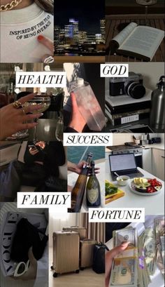 a collage of photos with words and pictures on them that say health, success, family, fortune