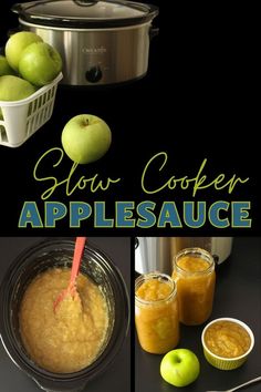 collage of a slow cooker with apples nearby as well as a crock full of applesauce and jars of applesauce. Crockpot Apple Recipes, Crockpot Apple, Tasty Breakfast, Homemade Applesauce