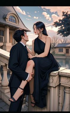 a man and woman sitting on top of a balcony next to each other in front of a house