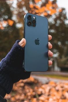 a person holding up an iphone in their hand with autumn leaves on the ground behind them