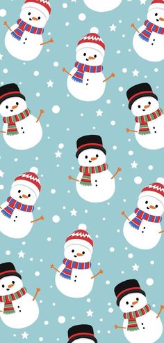 snowmen with hats and scarfs on a blue background