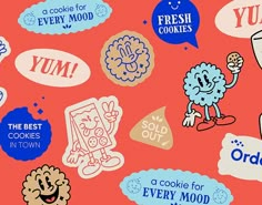 an assortment of stickers that include cookies, cookie doughnuts and yum