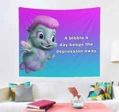 a purple and blue wall tapestry with an image of a gerbil on it