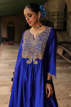 Blue anarkali, highlighted with zari dori, resham and tikkis embroidery on the yoke. Paired with a palazzo. - Aza Fashions Anarkali With Palazzo, Blue Anarkali, Silk Embroidery, Three Quarter Sleeves, Quarter Sleeve, Anarkali, Aza Fashion, Three Quarter, Types Of Sleeves