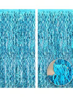 two pictures of blue fabric with an oval object in the middle and another image of wavy material on top