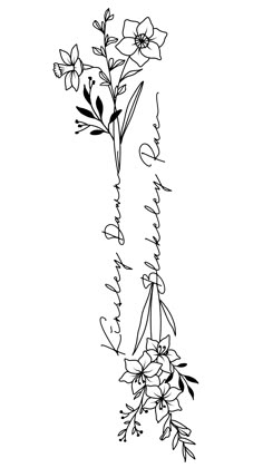 an ink drawing of flowers with the word love written on it in cursive writing