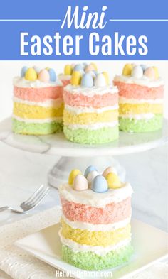 an image of a cake with eggs on it and the words, mini easter cakes