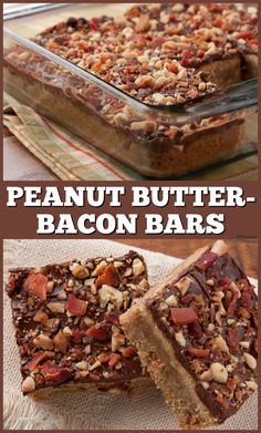 there are two pictures of peanut butter bacon bars