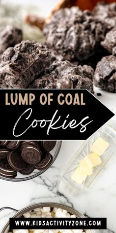 some cookies and other desserts on a table with text overlay that reads lump of coal cookies