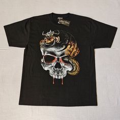 Men Black Skull Graffic Tshirt Size Xl. Nwt Same Graffic Front And Back, 32inches Length And 241/2inches Pit To Pit. Cheap Relaxed Fit T-shirt With Skull Graphic, Biker T-shirt With Skull Print Short Sleeve, Biker Style Cotton T-shirt With Skull Print, Black Biker T-shirt With Skull Print, Black Short Sleeve T-shirt With Skull Print, Biker T-shirt With Skull Print In Cotton, Guess Men, Polo Shirt White, Football Tees