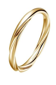 a yellow gold wedding ring with twisted lines on the outside and inside, set against a white background