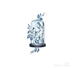 a drawing of butterflies in a glass jar with leaves on the top and bottom half