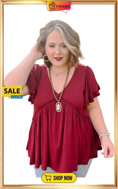 Red Plus Size V Neck Ruffle Sleeve Peplum Blouse Peplum Design, Peplum Designs, Loungewear Dresses, Spaghetti Strap Maxi Dress, Chambray Dress, Stylish Plus, Peplum Blouse, Jeans Size Chart, Neck Ruffle