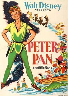 the poster for peter pan is shown in green and yellow, as well as an image of