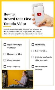 a person holding a smart phone with the text how to record your first youtube video