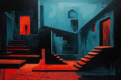 an abstract painting of stairs leading up to a man standing in the doorway