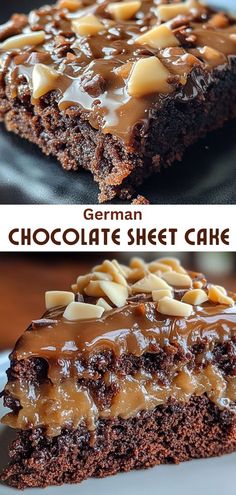 german chocolate sheet cake with caramel drizzled on top and topped with chopped almonds