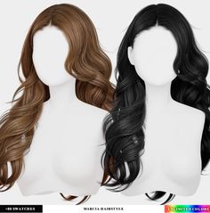 two wigs with long wavy hair are shown in three different colors and sizes, one is