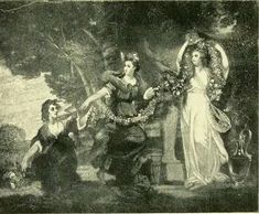 an old black and white drawing of two women in the woods, one holding a wreath